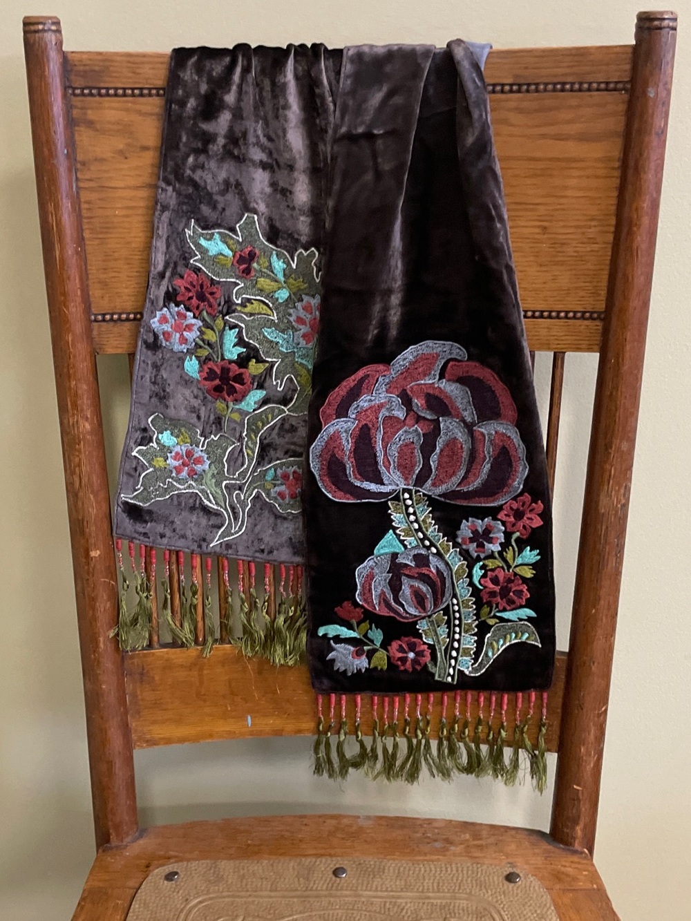 Chan Luu | Embroidered Velvet Floral Scarf w/ Beaded Fringe NWOT